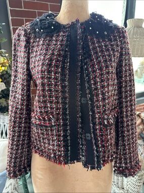 Zara Black and Red Tweed Pearl-Embellished Collar Jacket